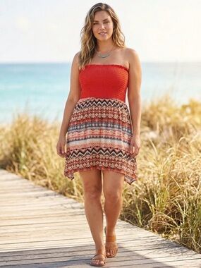 Boutique Plus 2X Orange Smocked Geometric Convertible Mini Dress Maxi Skirt Boho